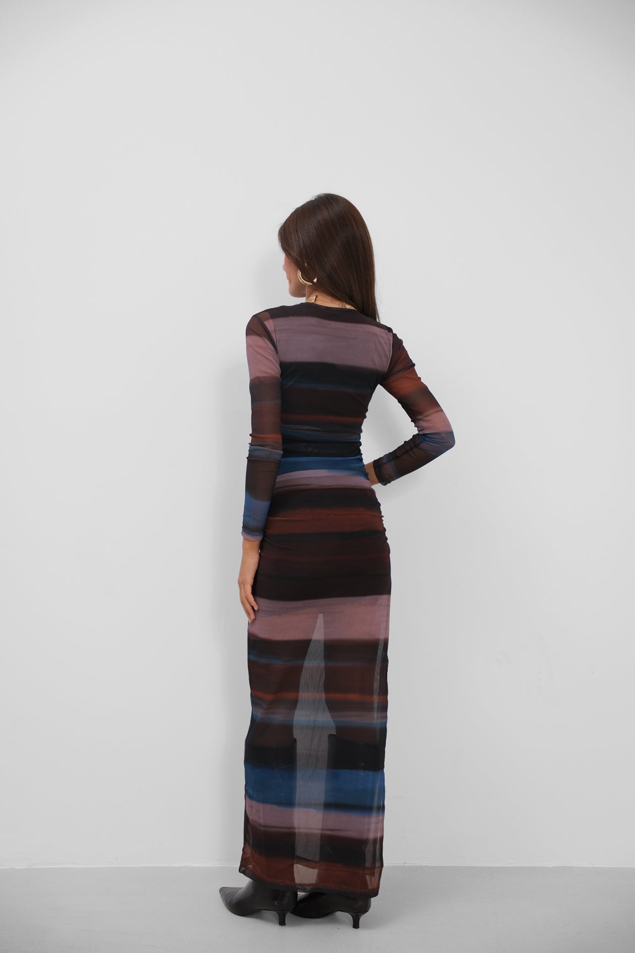 Slit Detail Printed Tulle Black Dress