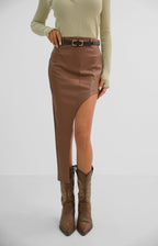 Slit Detail Brown Leather Skirt
