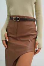 Slit Detail Brown Leather Skirt