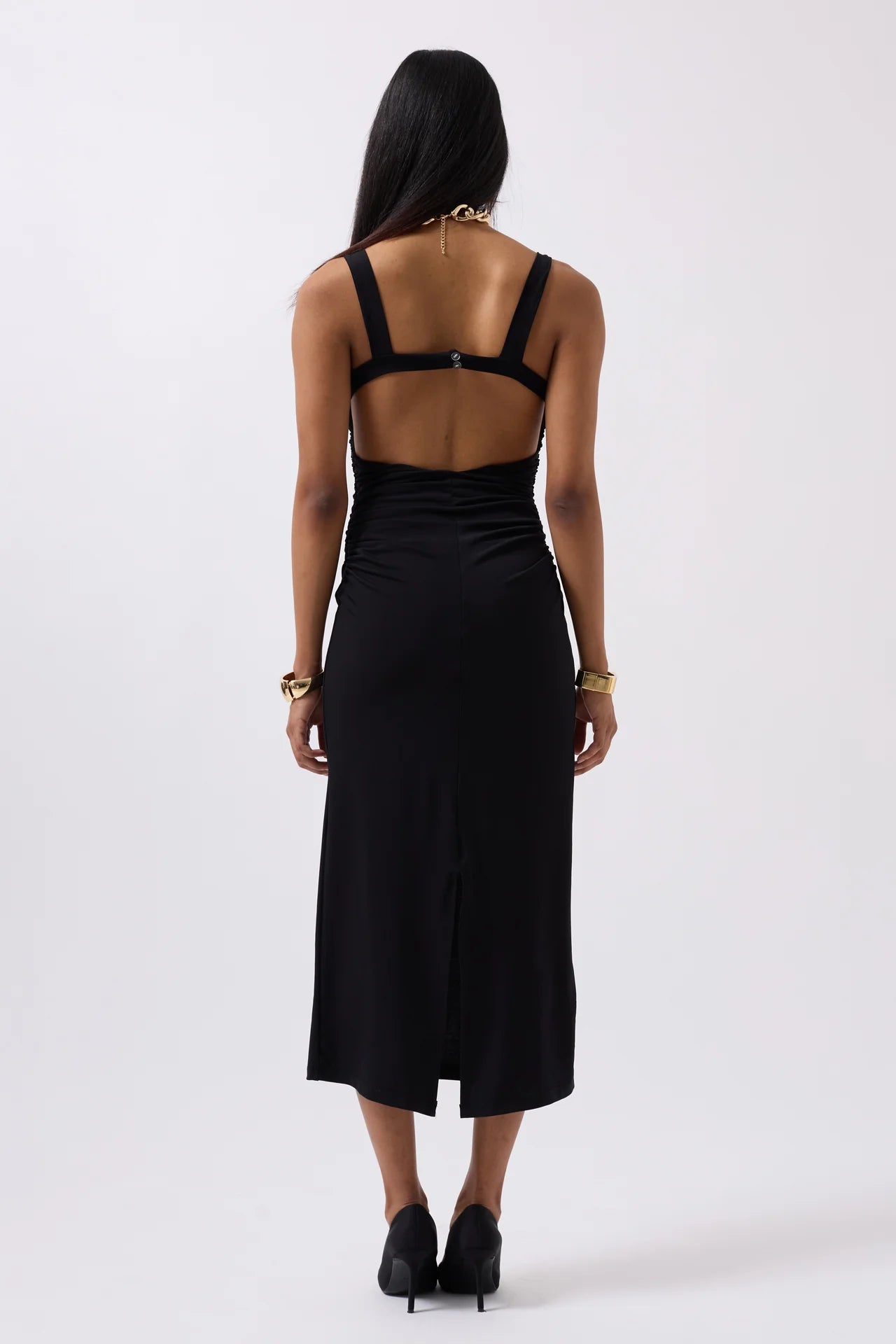 Slit Detail Backless Black Dress