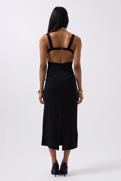 Slit Detail Backless Black Dress