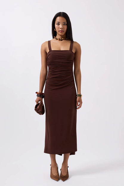 Slit Detail Backless Brown Dress