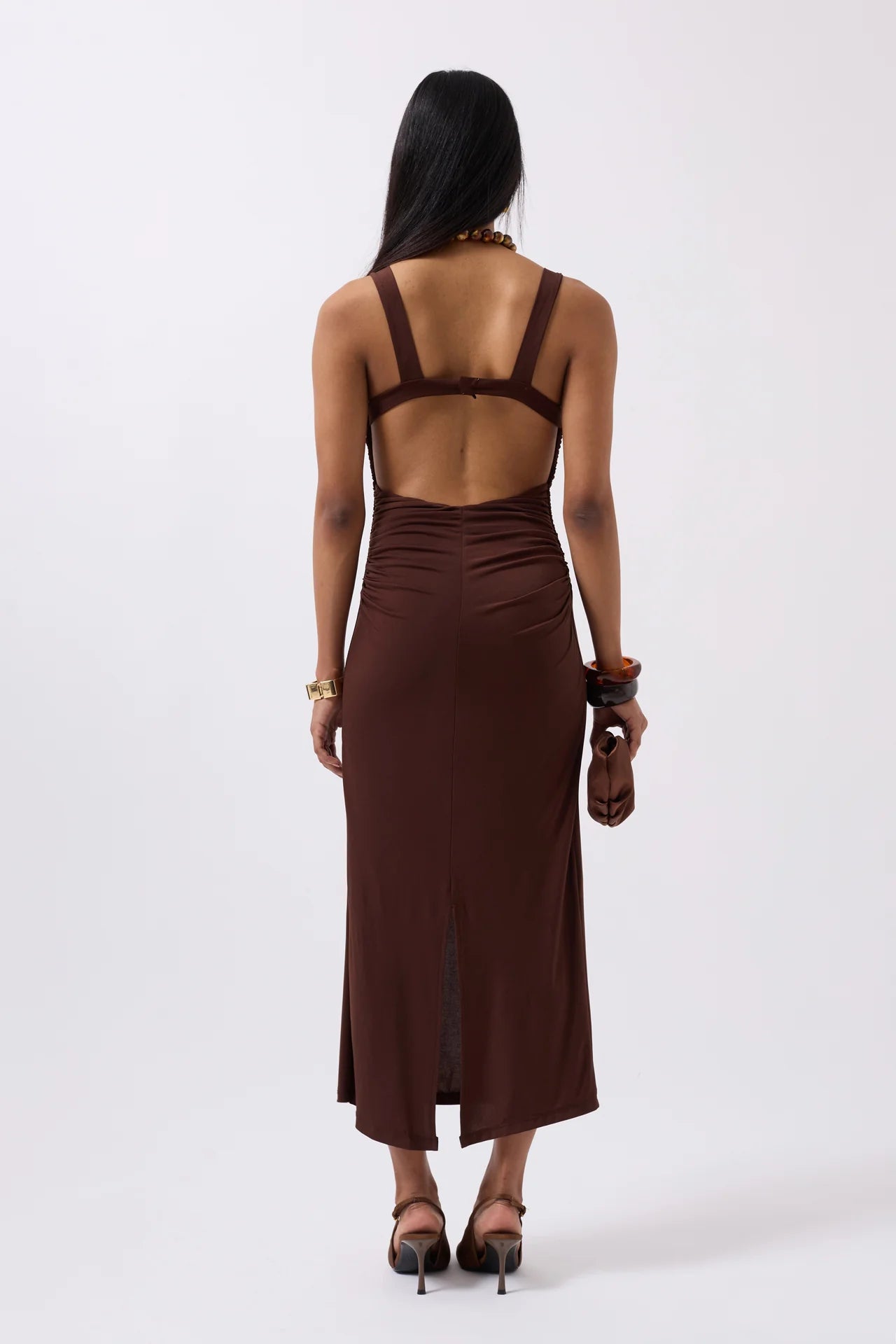Slit Detail Backless Brown Dress
