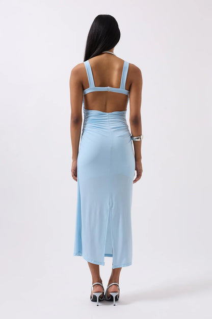 Slit Detail Backless Baby Blue Dress