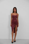 Slit Deri Burgundy Dress