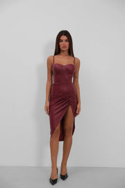 Slit Leather Burgundy Dress