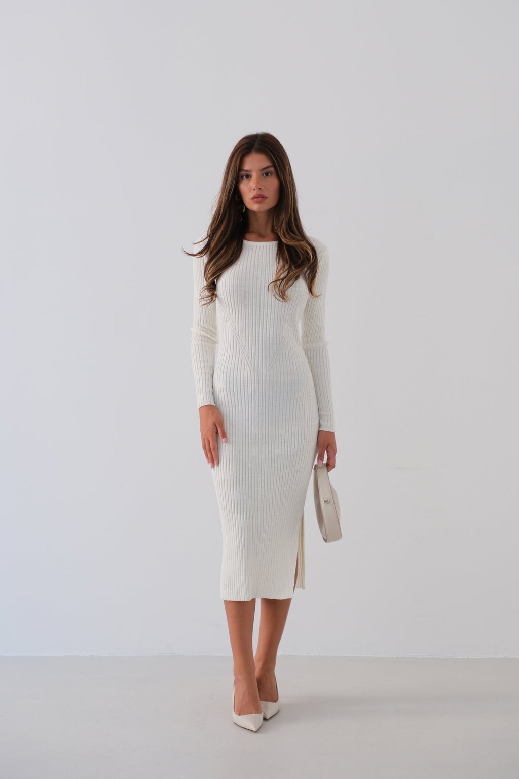 Slit Ecru Knit Dress