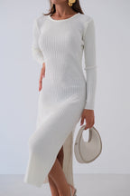 Slit Ecru Knit Dress