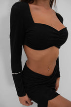 Slit Skirt and Crop Blouse Black Set