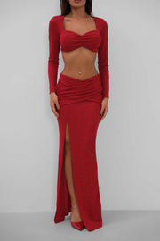 Slit Skirt and Crop Blouse Red Set