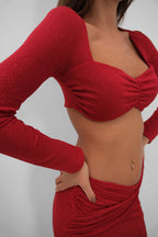 Slit Skirt And Crop Blouse Red Set