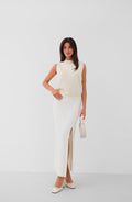 Slit Midi Length Ecru Skirt