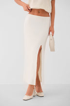 Slit Midi Length Ecru Skirt