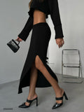 Slit Midi Length Black Skirt
