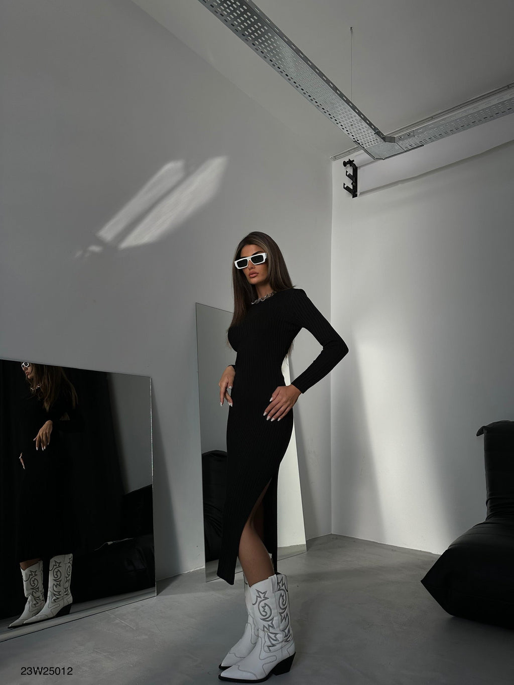 Slit Black Knit Dress