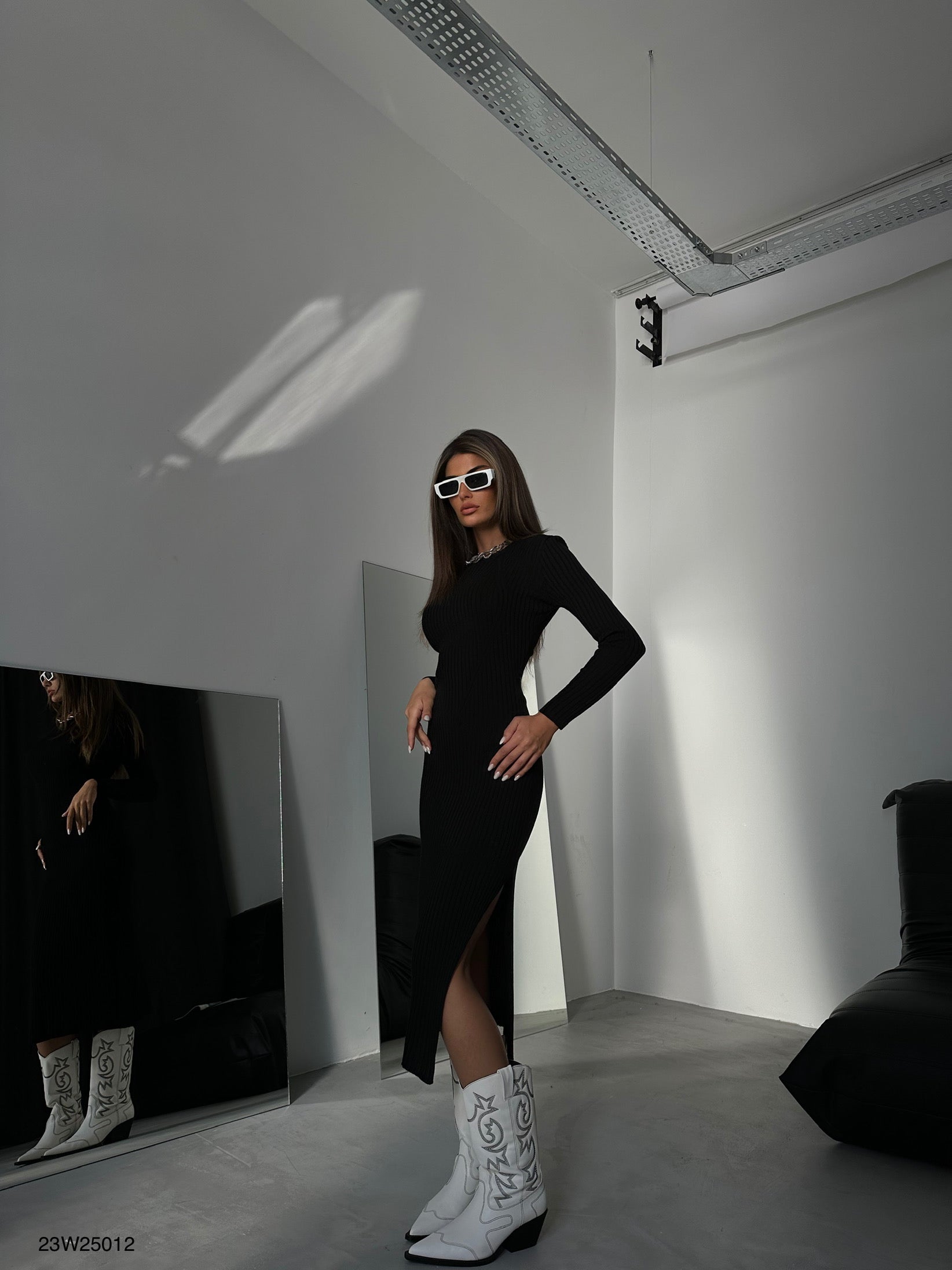 Slit Black Knit Dress