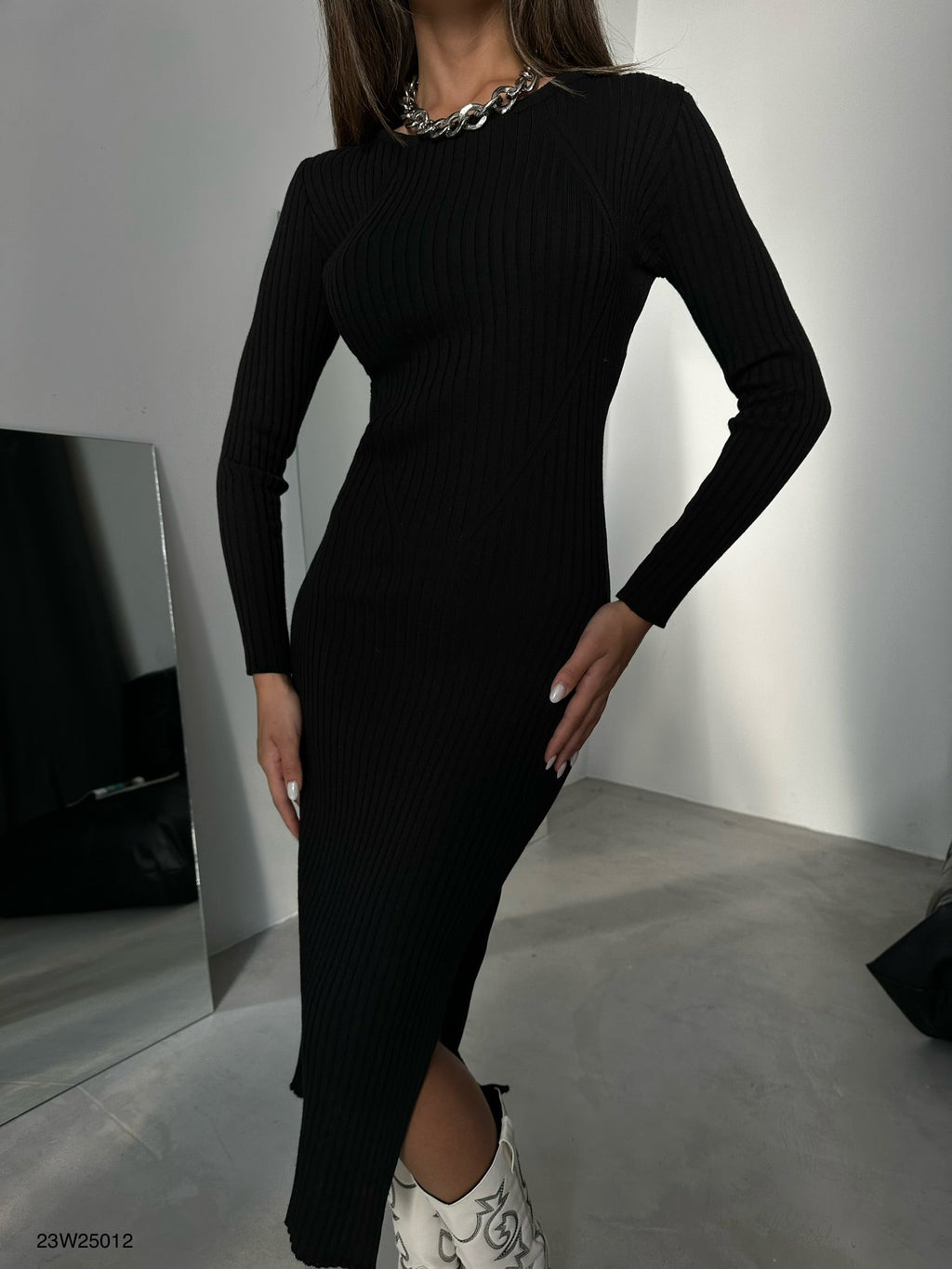 Slit Black Knit Dress