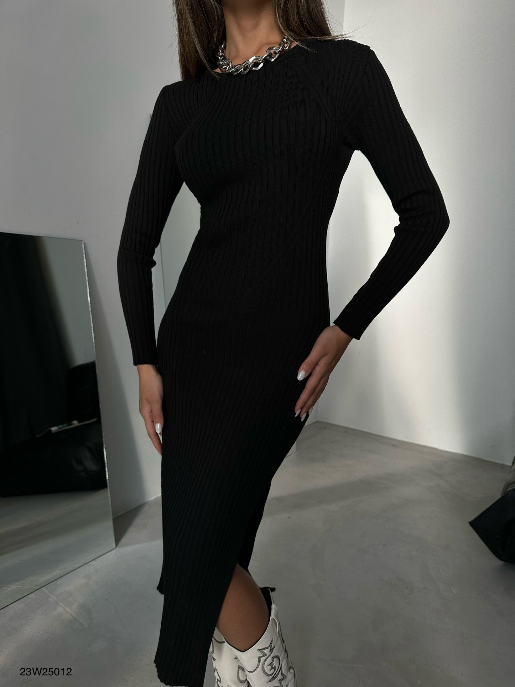 Slit Black Knit Dress