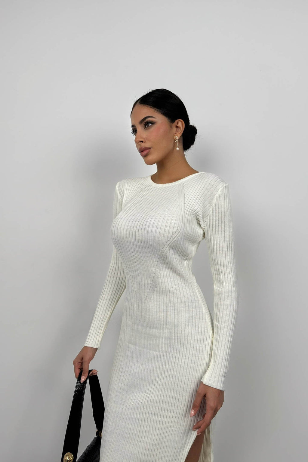 Slit Ecru Knit Dress