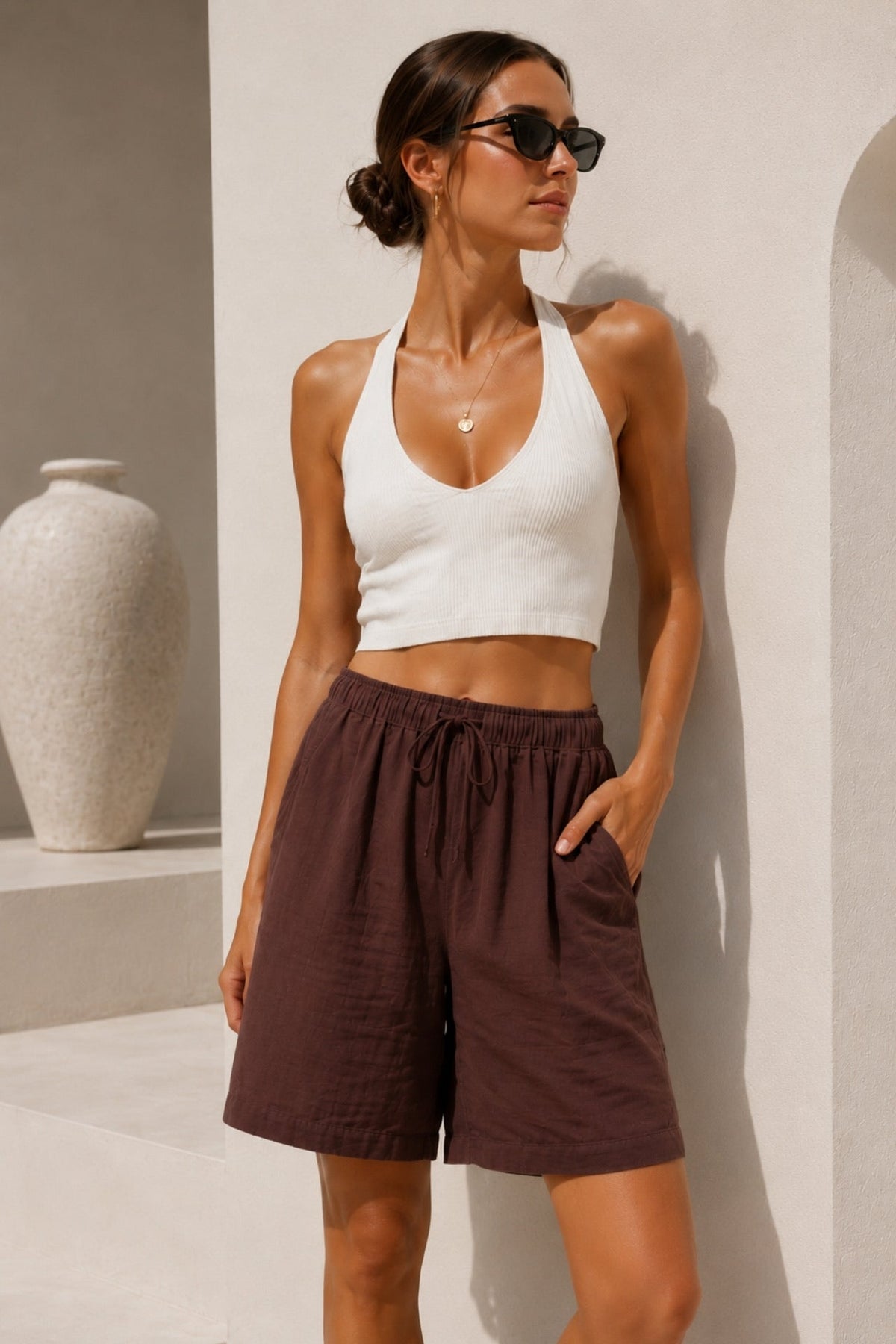 High-Waisted Basic Brown Modal Shorts