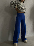High Waist Piped Wide Leg Sax Blue Sweatpants