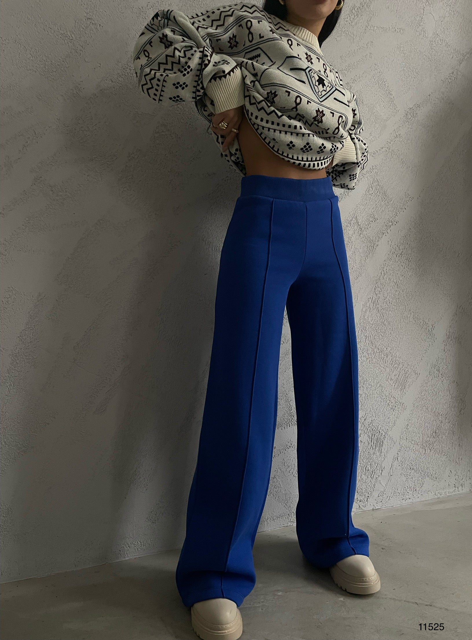 High Waist Piped Wide Leg Sax Blue Sweatpants