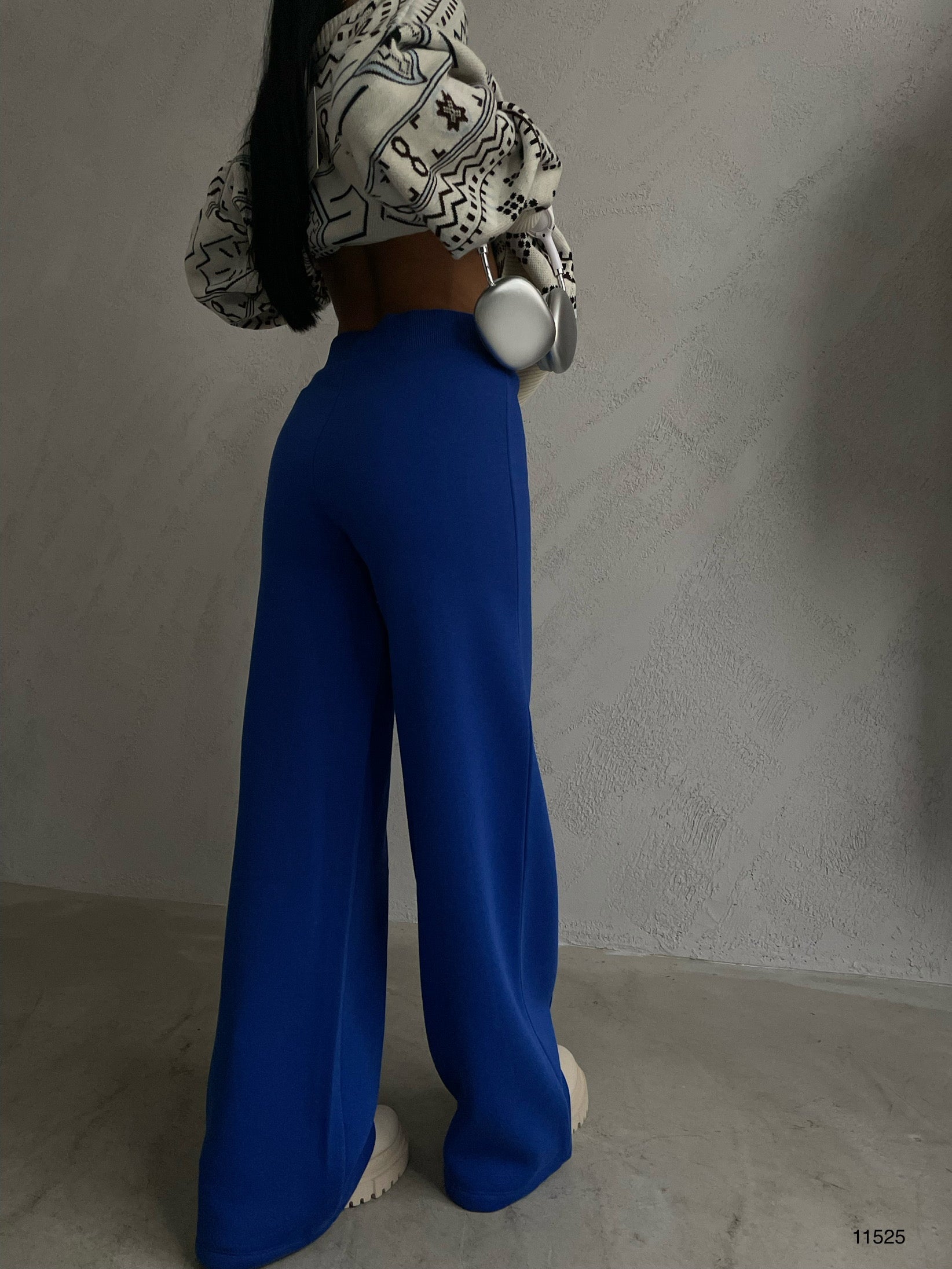 High Waist Piped Wide Leg Sax Blue Sweatpants