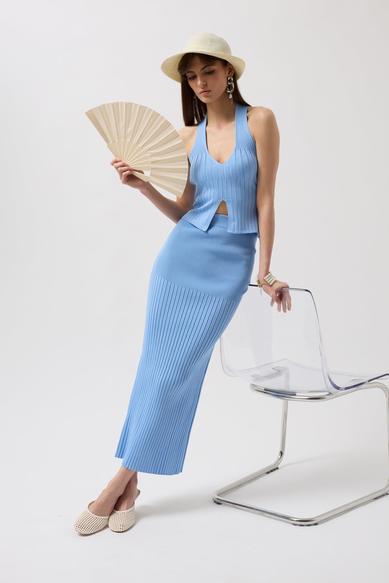 High Waist Textured Baby Blue Skirt