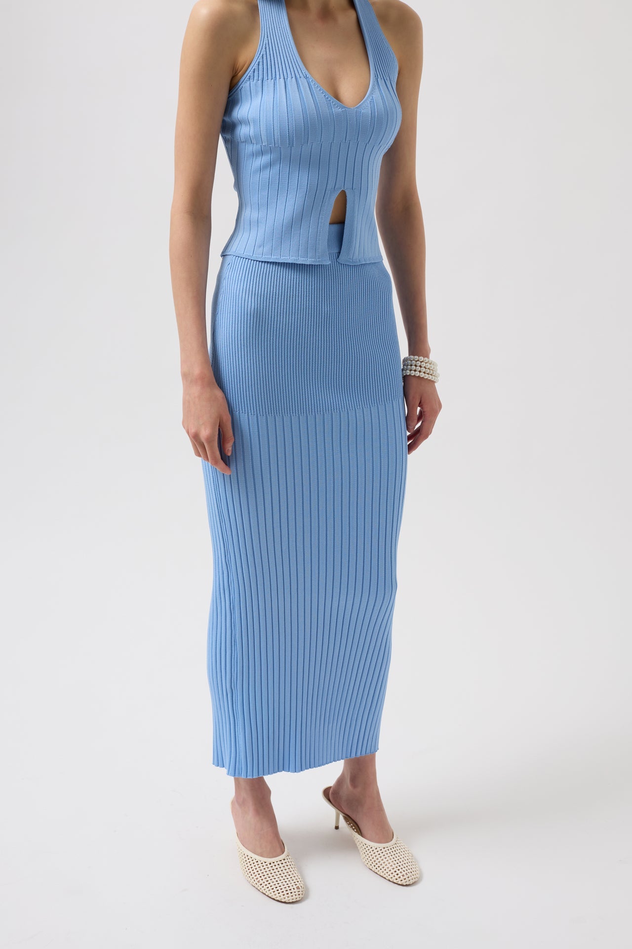 High Waist Textured Baby Blue Skirt