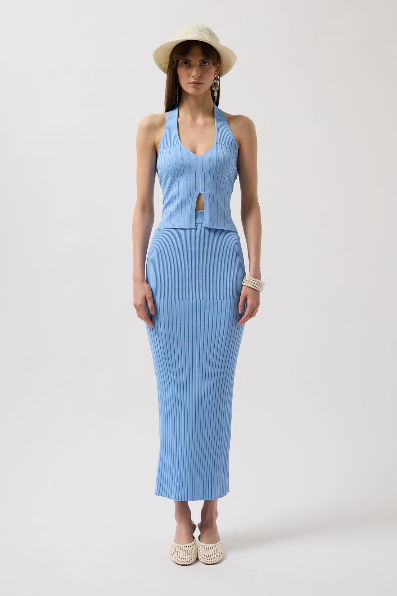 High Waist Textured Baby Blue Skirt