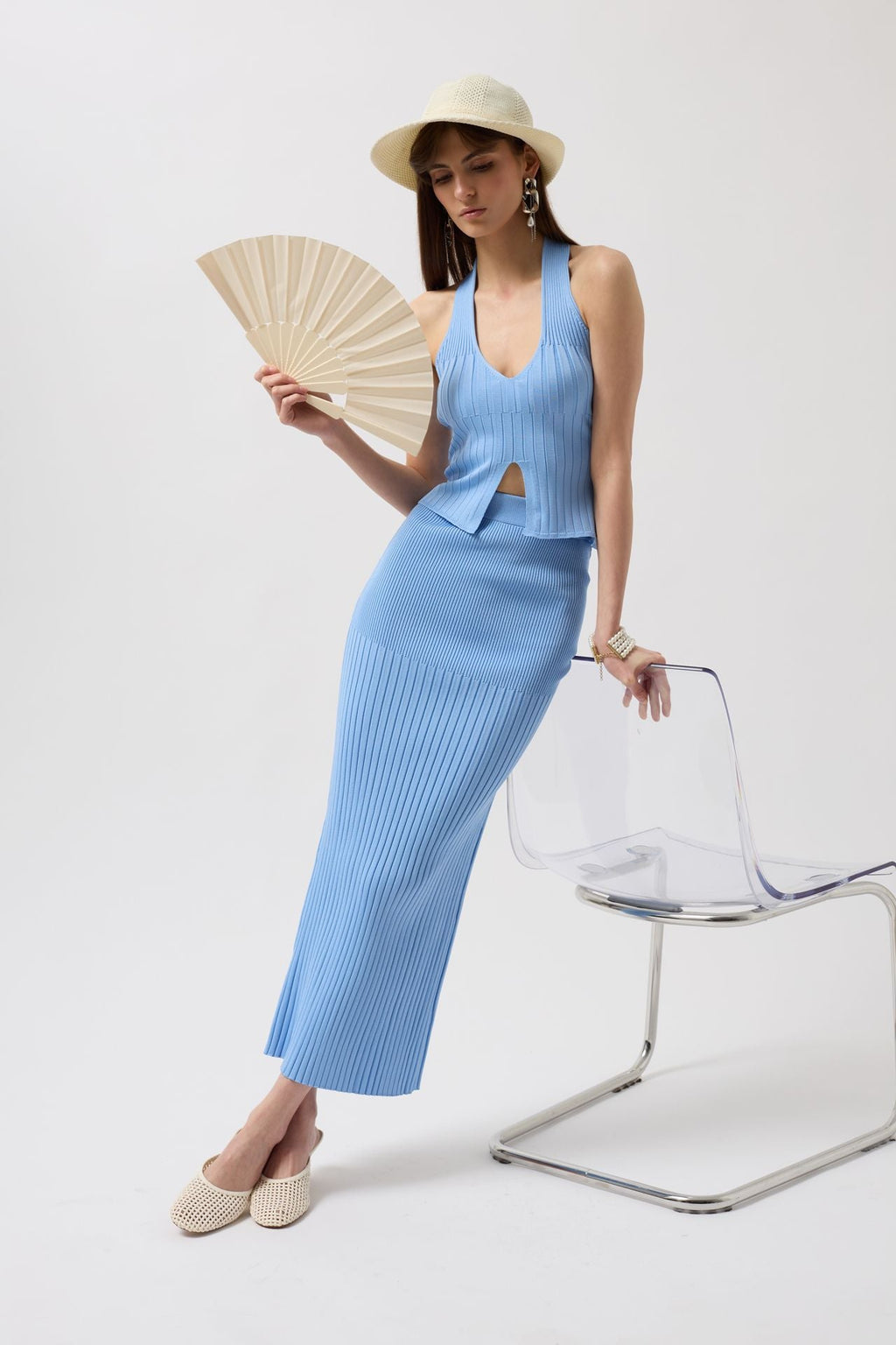 High Waist Textured Baby Blue Skirt
