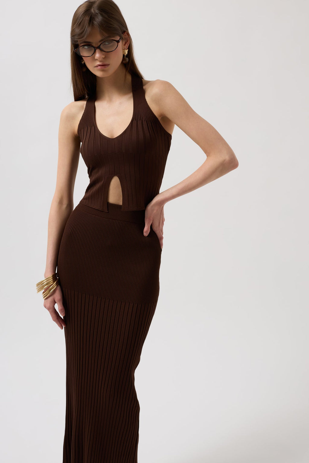 High Waist Textured Brown Skirt