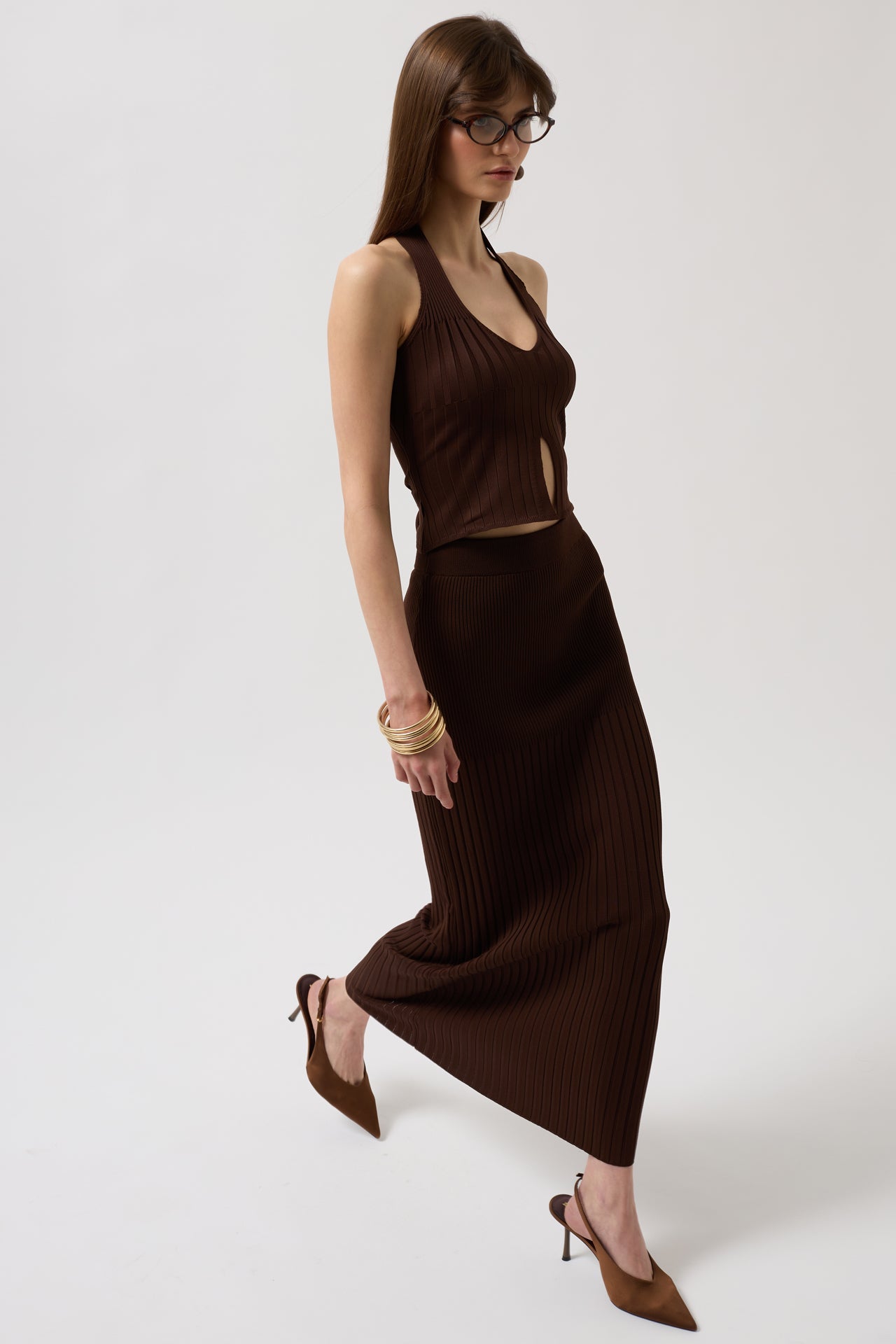 High Waist Textured Brown Skirt