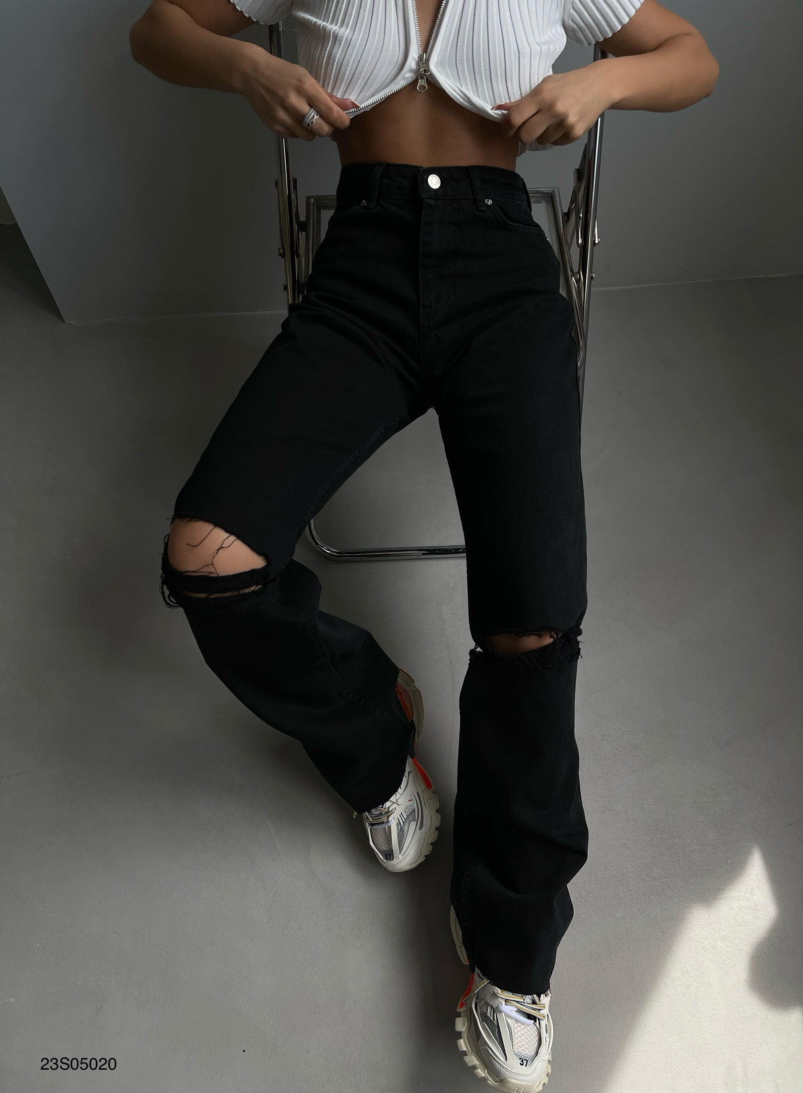 High Waist Laser Cut Black Jean