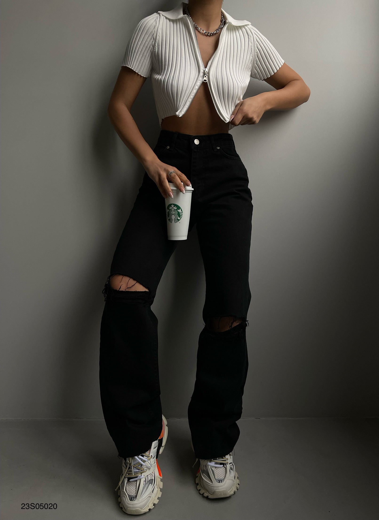 High Waist Laser Cut Black Jean