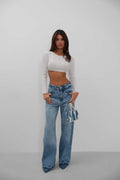 High Waist Hem Detail Blue Jeans