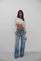 High Waist Hem Detail Blue Jeans