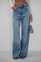 High Waist Hem Detail Blue Jeans