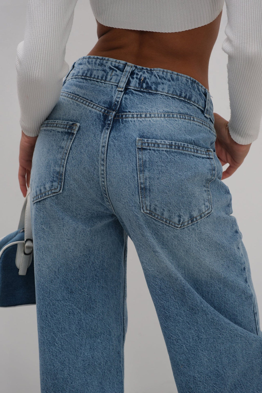 High Waist Hem Detail Blue Jeans