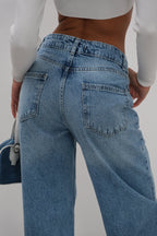 High Waist Hem Detail Blue Jeans