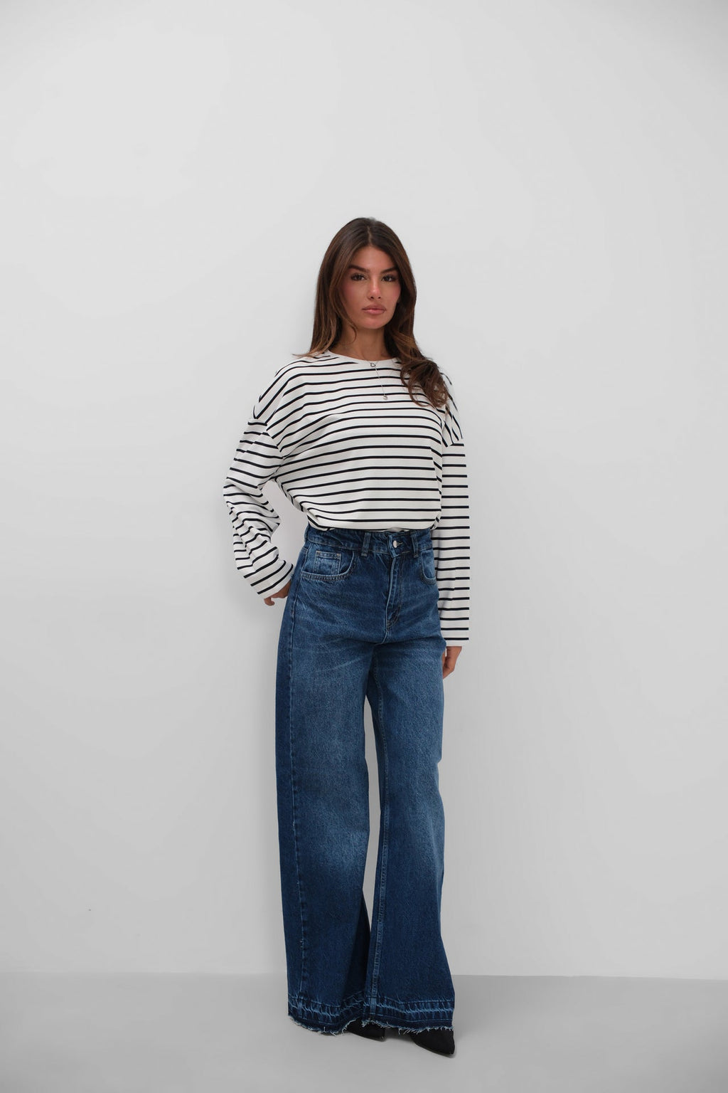 High Waist Hem Detail Dark Blue Jeans