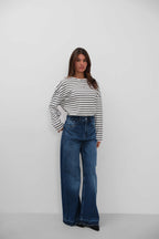High Waist Hem Detail Dark Blue Jeans
