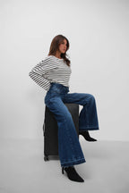 High Waist Hem Detail Dark Blue Jeans