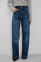 High Waist Hem Detail Dark Blue Jeans