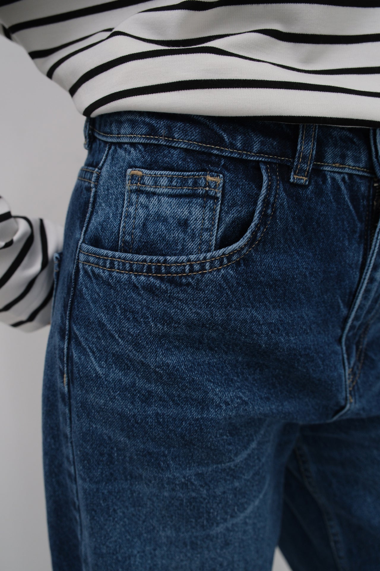 High Waist Hem Detail Dark Blue Jeans