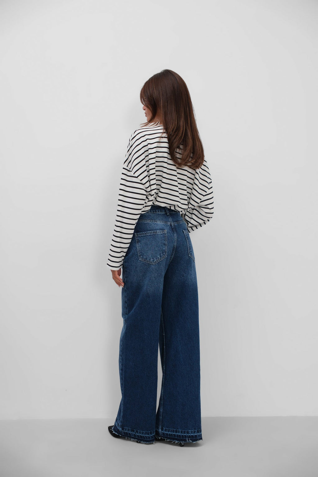 High Waist Hem Detail Dark Blue Jeans