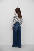 High Waist Hem Detail Dark Blue Jeans