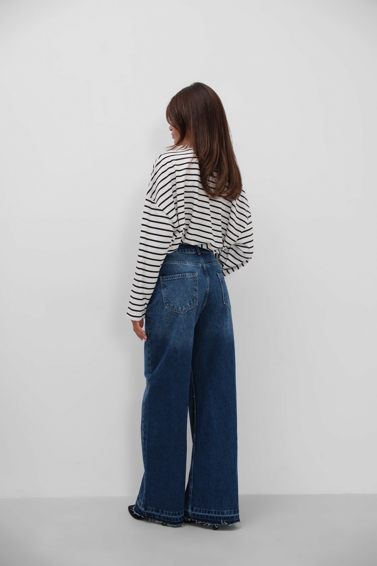 High Waist Hem Detail Dark Blue Jeans