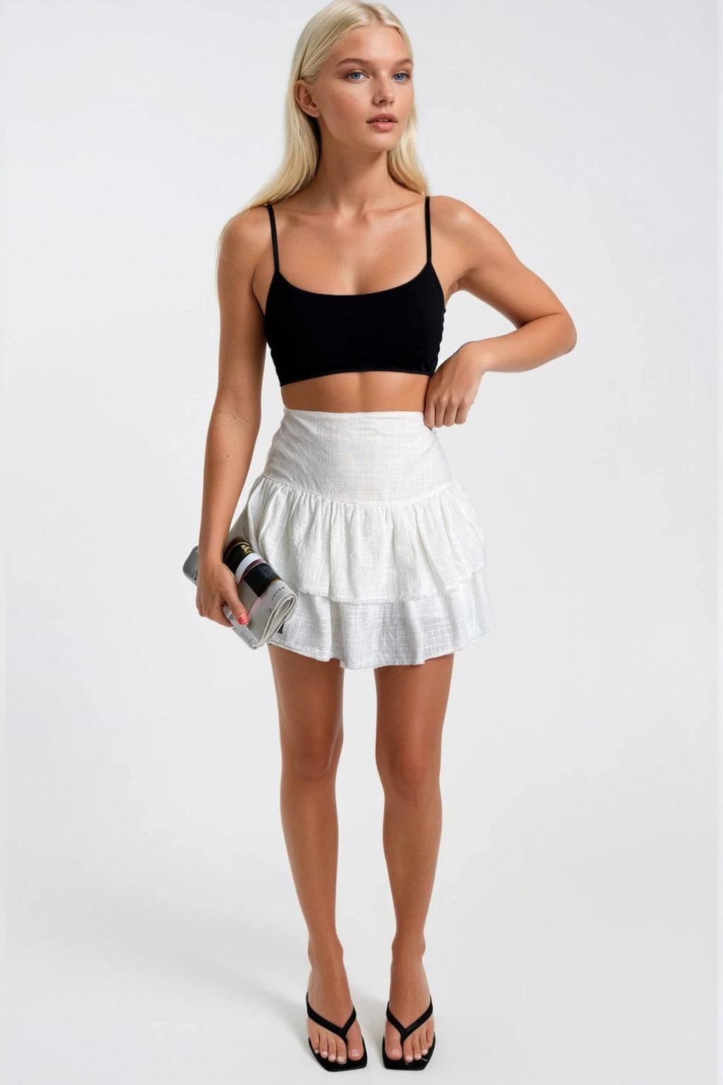 High Waist Pileli White Mini Skirt