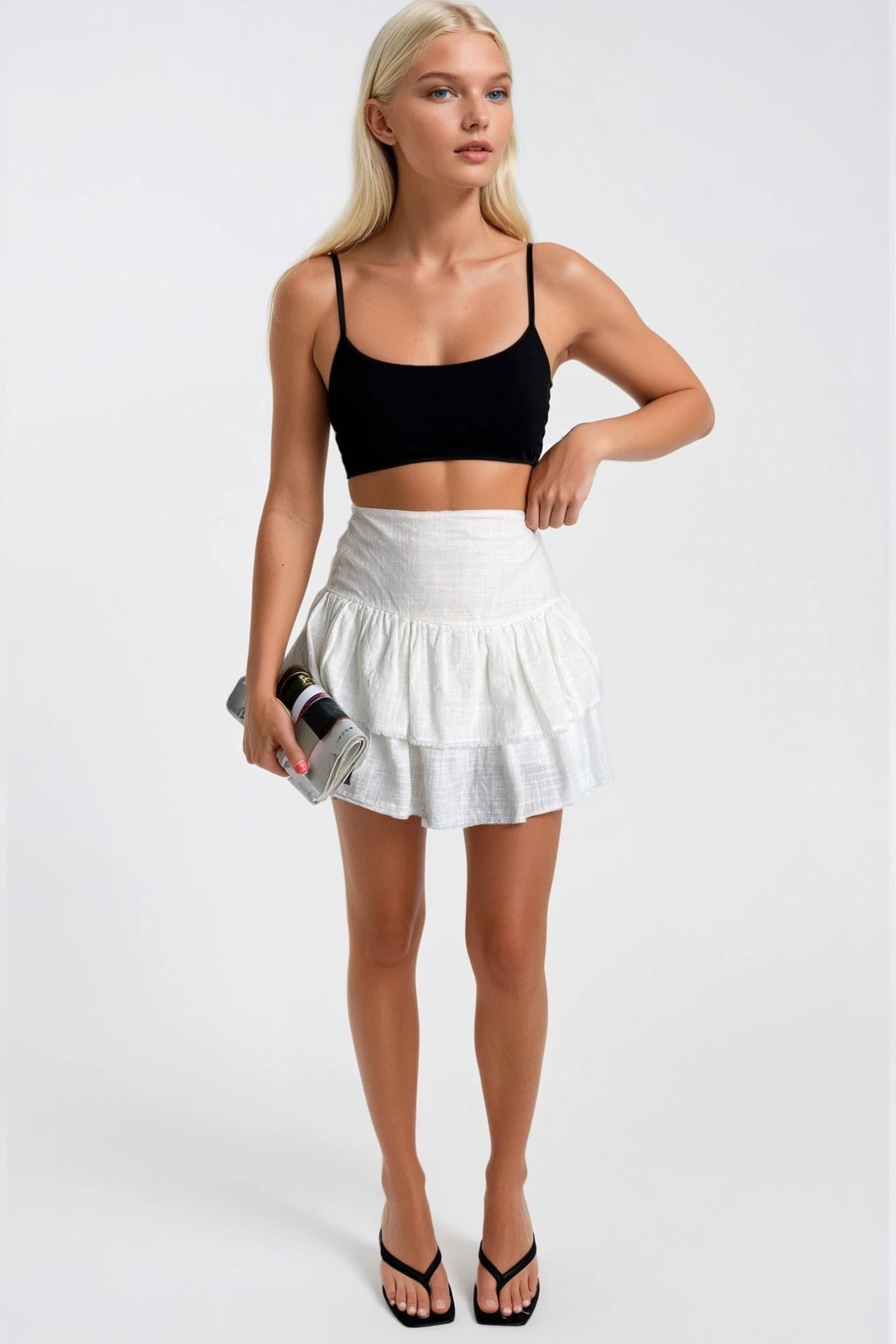 High Waist Pileli White Mini Skirt